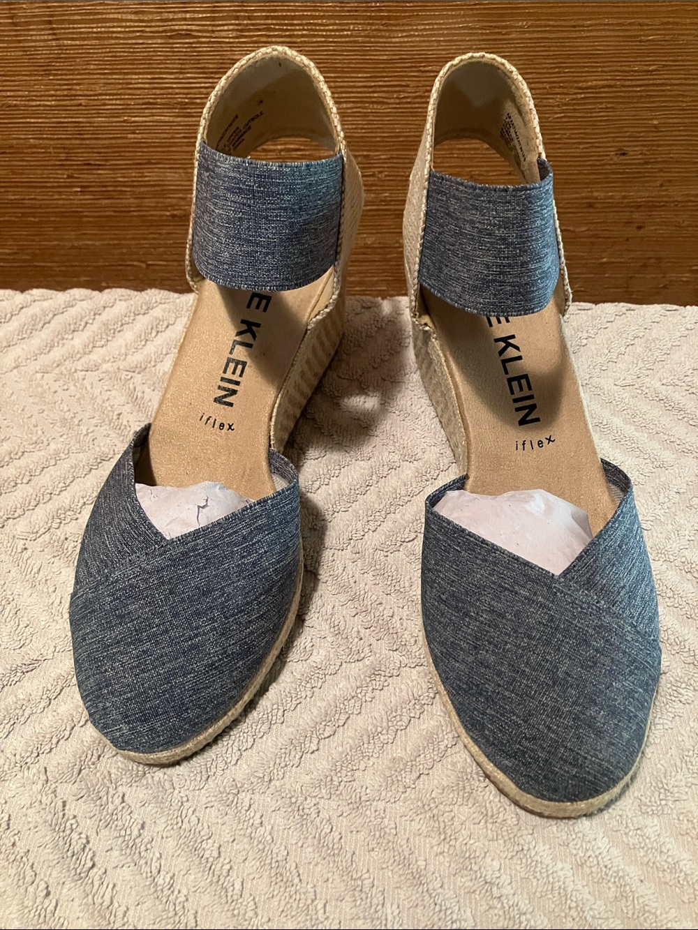 BrandNewAnne Klein Blue Denim-Look Espadrille Wedges with Ankle Band. size 7.5M